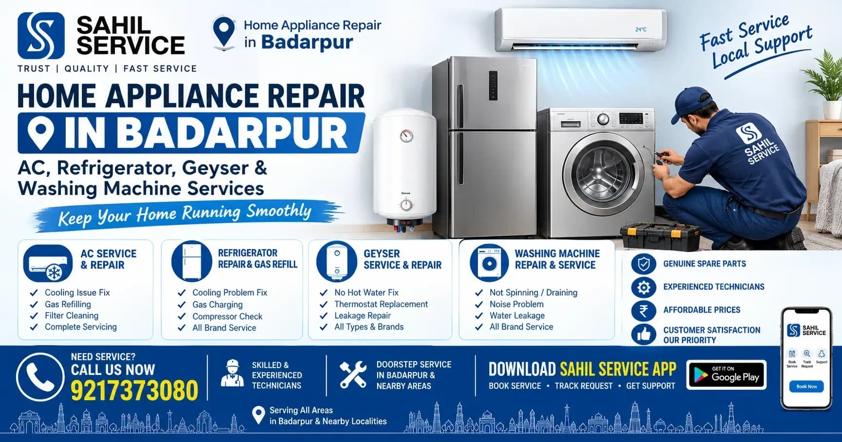 Home Appliance Repair in Badarpur – AC, Refrigerator, Geyser & Washing Machine Services